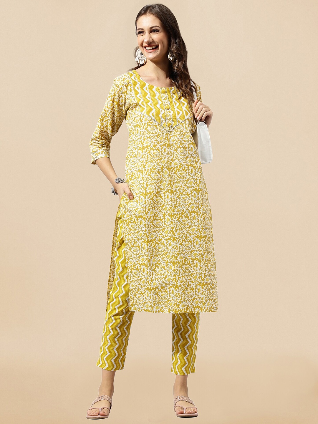 

KALINI Ethnic Motifs Printed Gotta Patti Pure Cotton Kurta With Trousers, Mustard