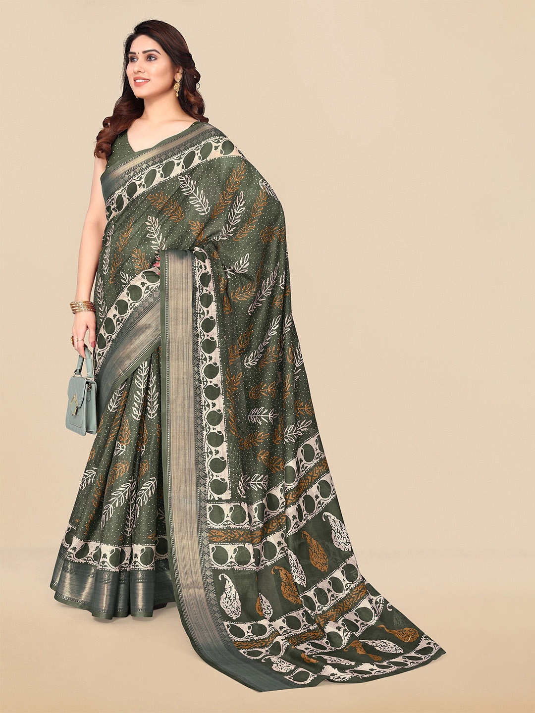 

MIRCHI FASHION Ethnic Motifs Printed Zari Saree, Olive