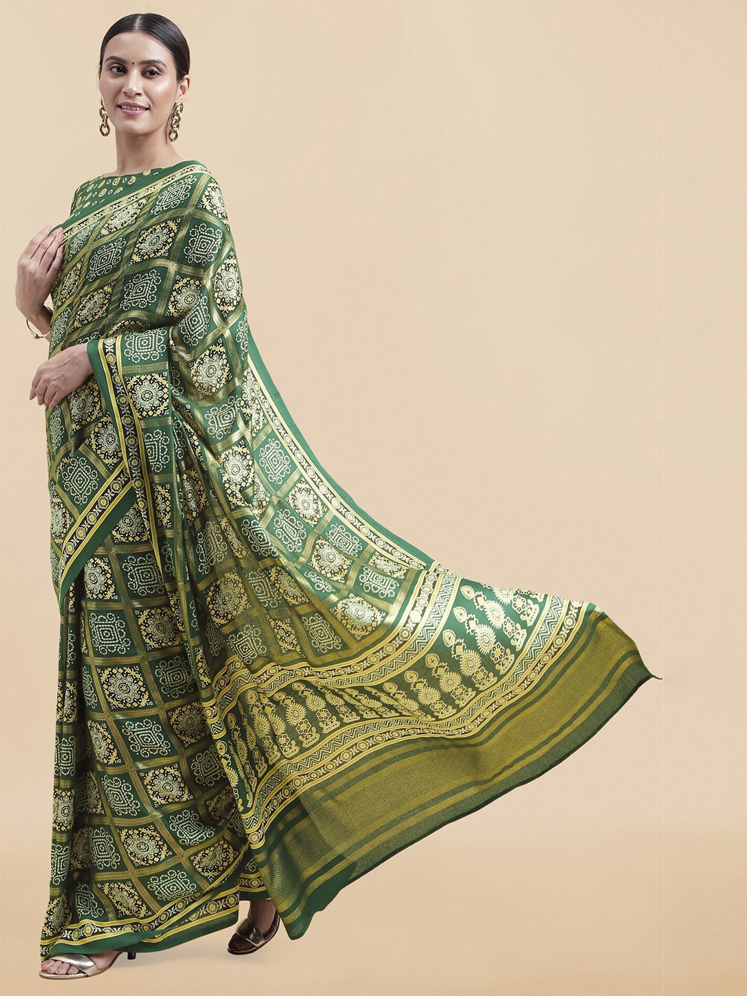 

MIRCHI FASHION Bandhani Printed Pashmina Bandhani Saree, Green