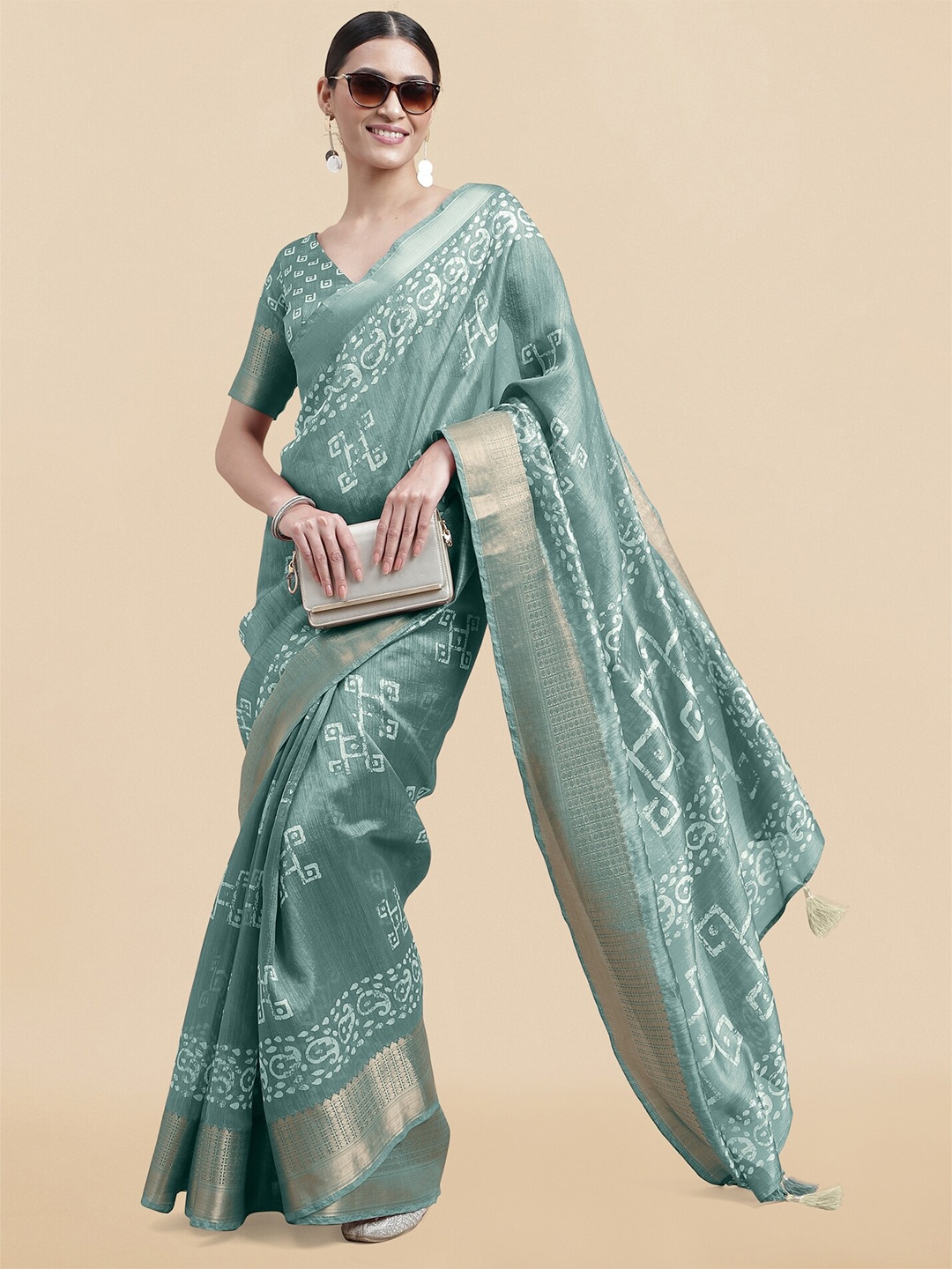 

MIRCHI FASHION Batik Printed Silk Cotton Zari Saree, Teal