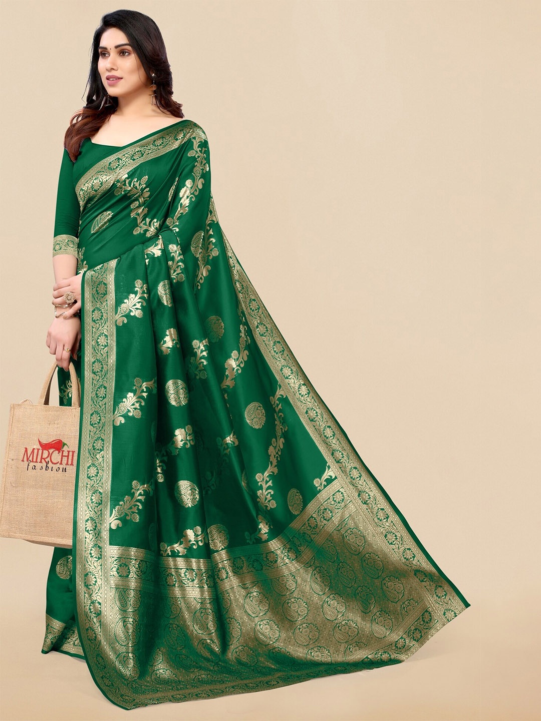 

MIRCHI FASHION Floral Woven Design Saree, Green