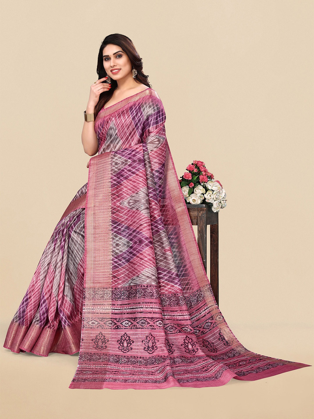 

MIRCHI FASHION Leheriya Printed Silk Cotton Leheriya Saree, Pink