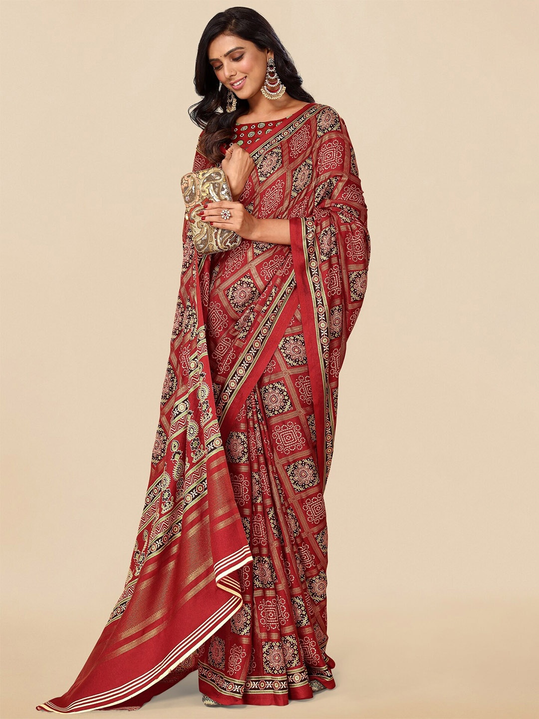 

MIRCHI FASHION Bandhani Printed Pashmina Saree, Maroon