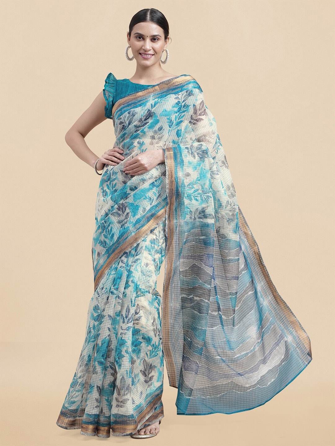 

MIRCHI FASHION Floral Printed Zari Saree, Turquoise blue