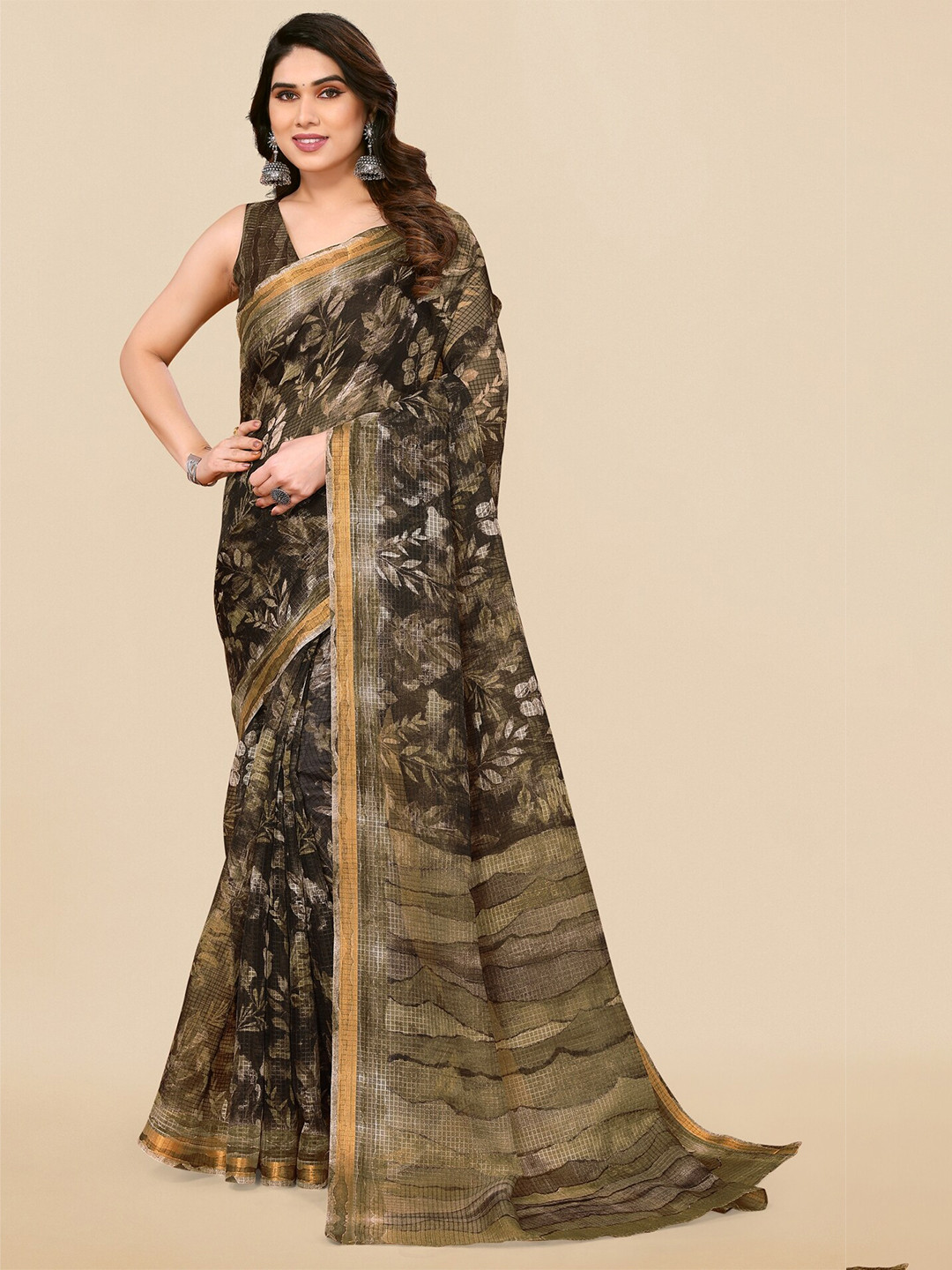 

MIRCHI FASHION Floral Printed Zari Saree, Brown