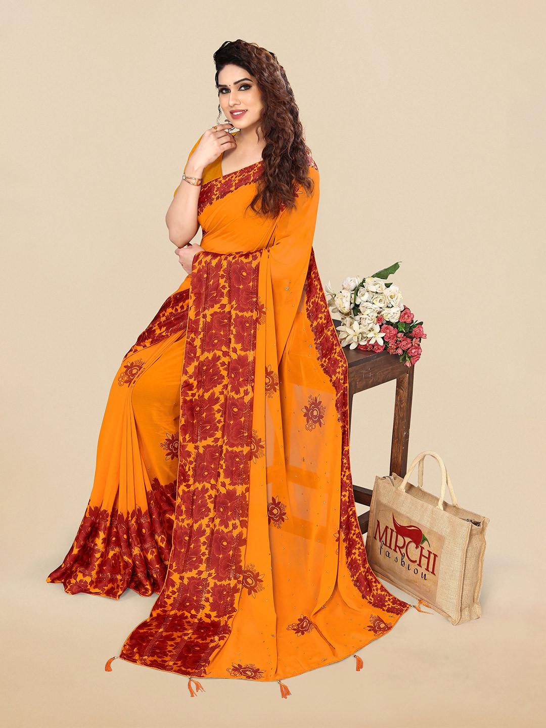 

MIRCHI FASHION Floral Printed Saree, Mustard