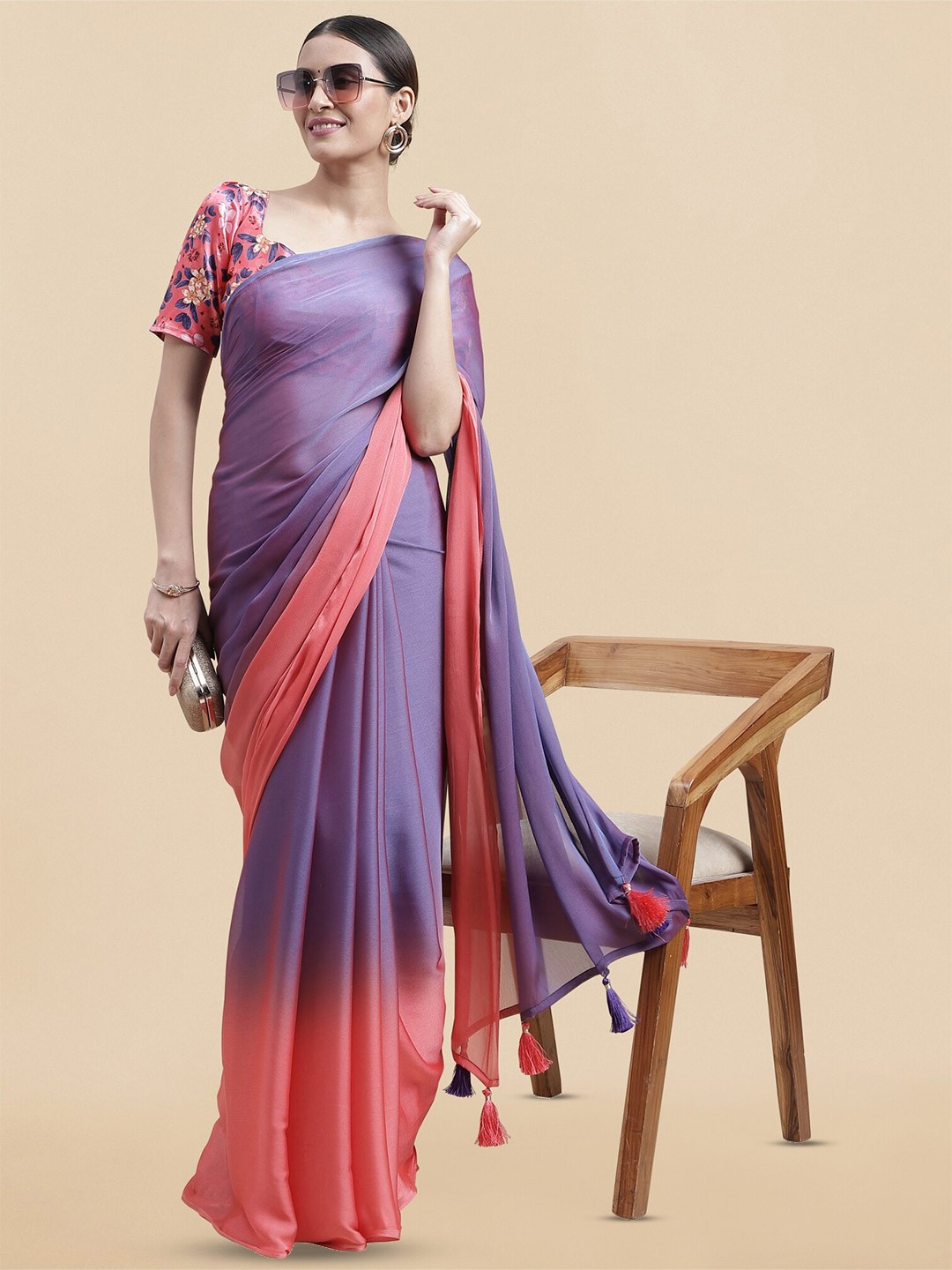 

MIRCHI FASHION Ombre Chiffon Saree, Purple