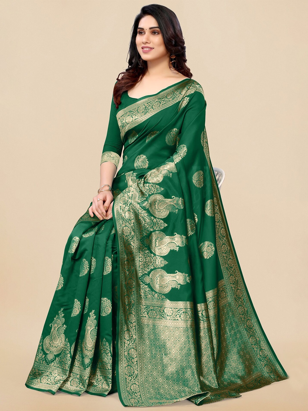

MIRCHI FASHION Floral Woven Design Zari Saree, Green