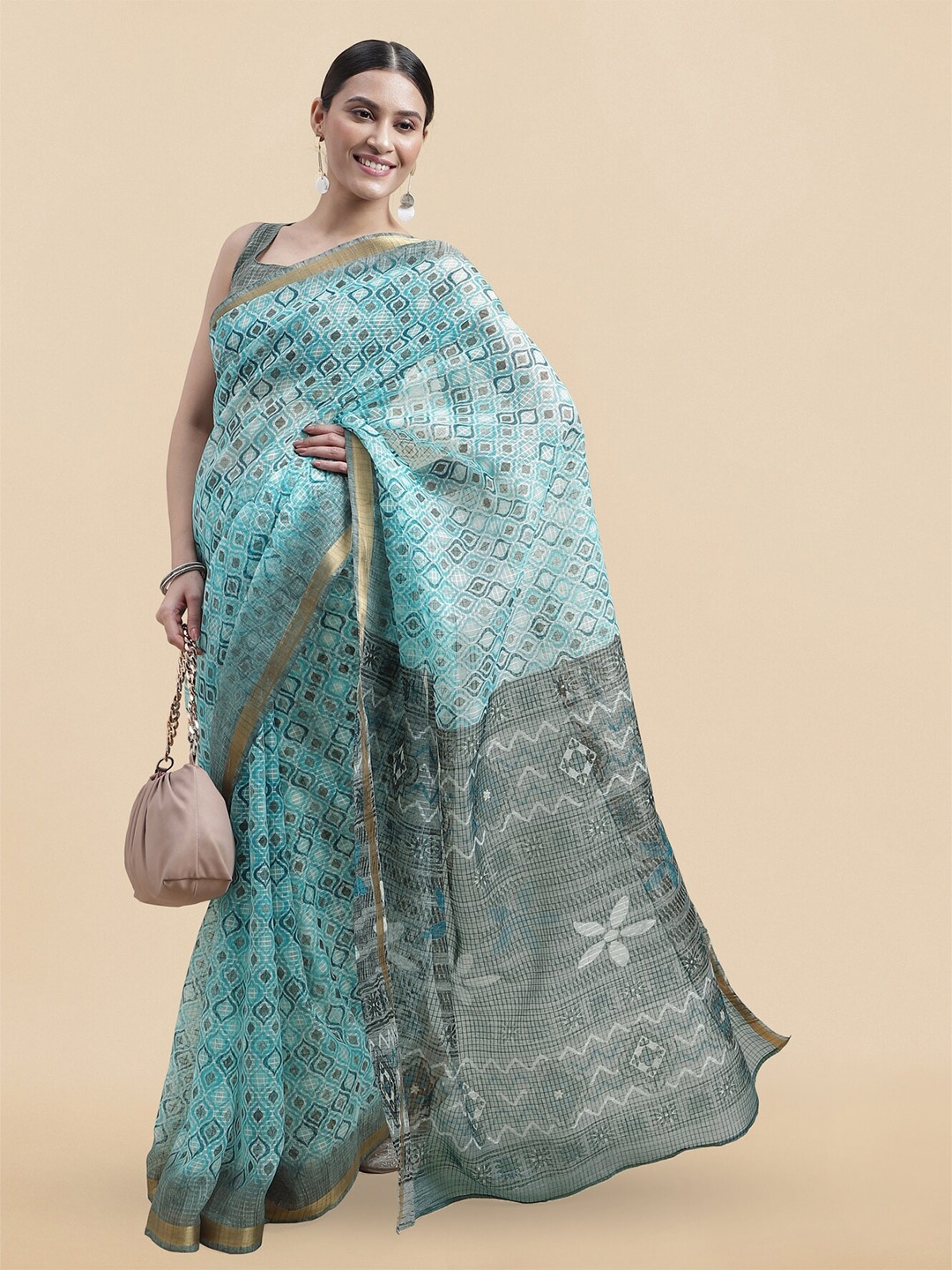 

MIRCHI FASHION Geometric Printed Zari Saree, Turquoise blue