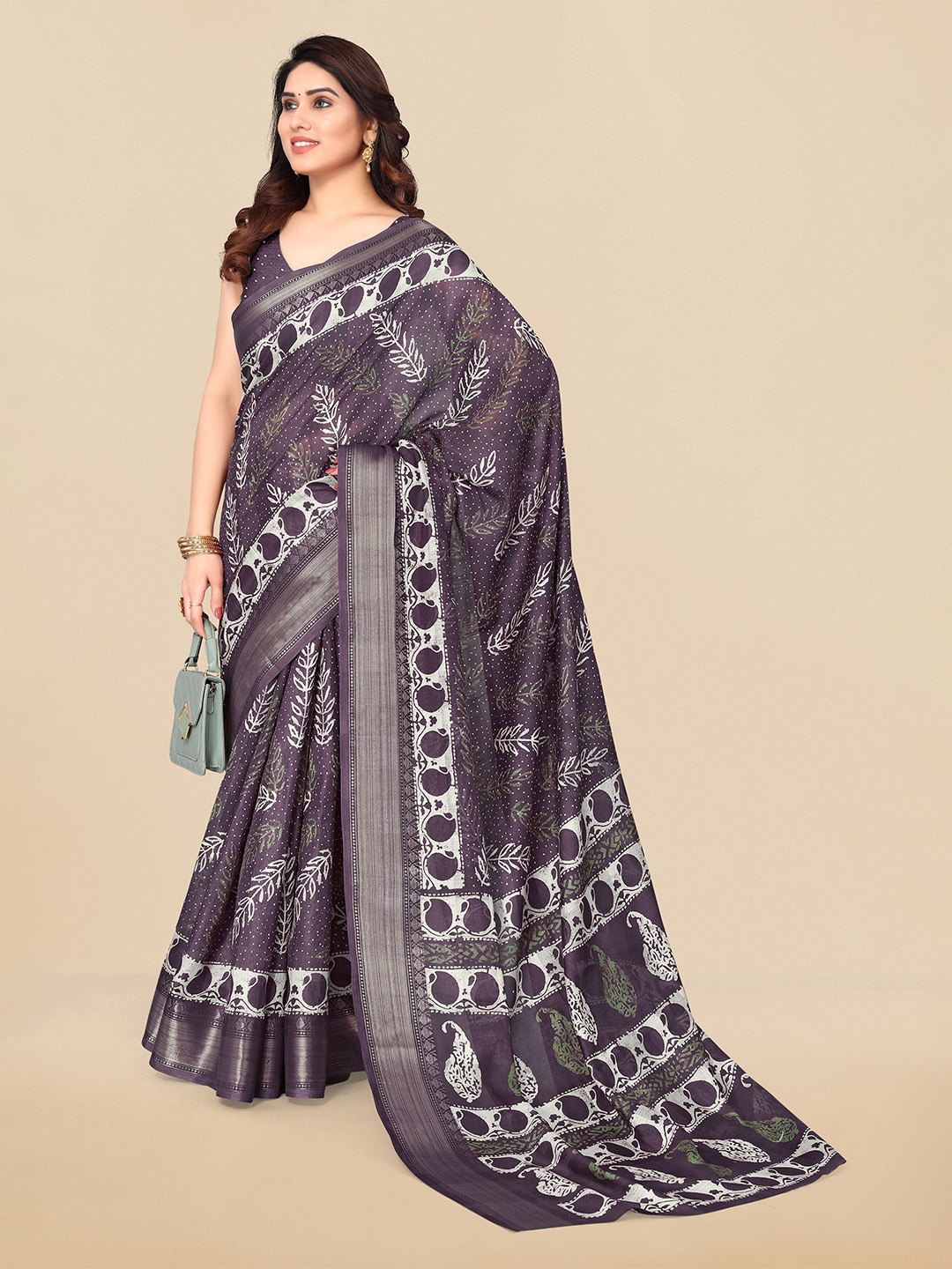 

MIRCHI FASHION Paisley Printed Zari Saree, Purple