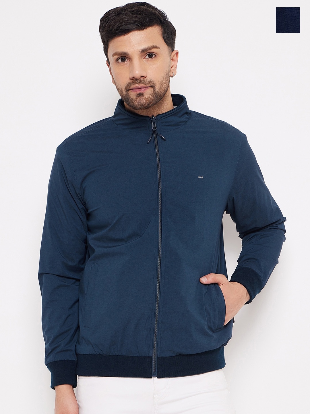 

Okane Mock Collar Reversible Bomber Jacket, Blue