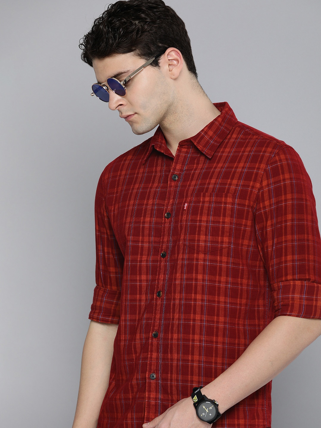 

Levis Pure Cotton Slim Fit Corduroy Checked Casual Shirt, Red