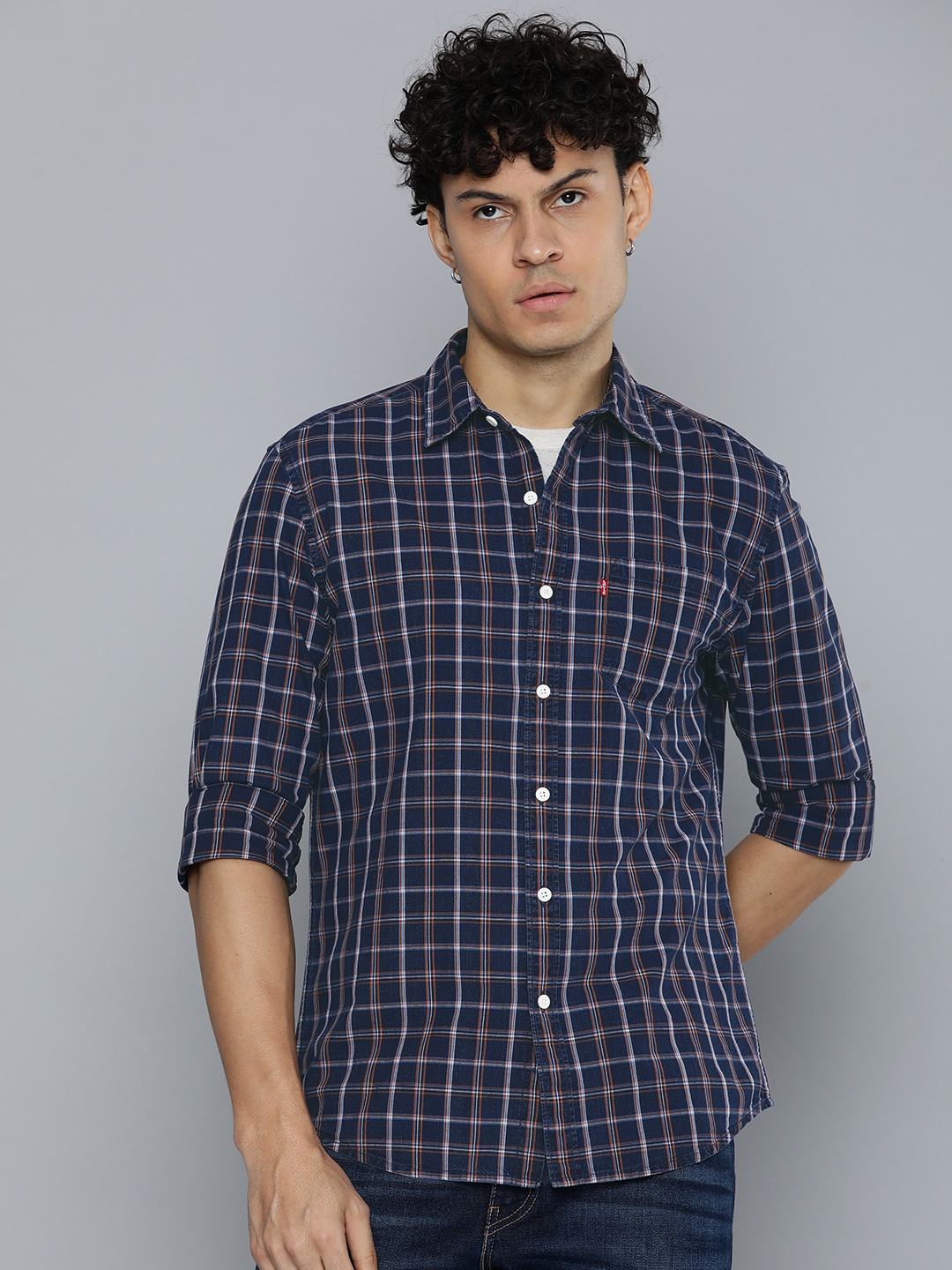 

Levis Pure Cotton Slim Fit Opaque Checked Casual Shirt, Navy blue