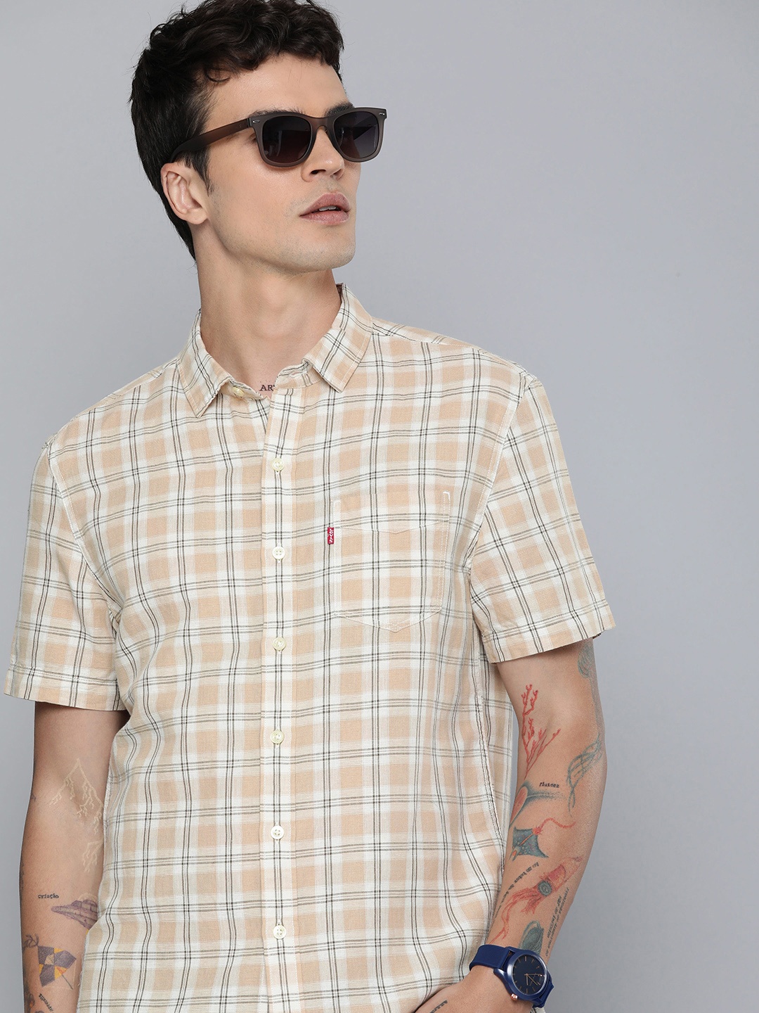 

Levis Linen Cotton Slim Fit Checked Casual Shirt, Beige