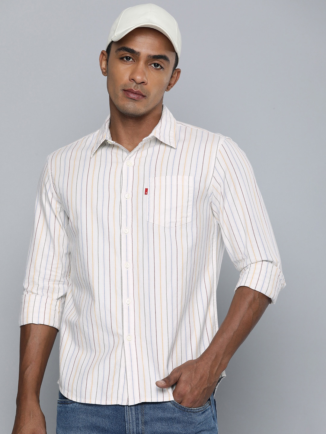 

Levis Pure Cotton Slim Fit Striped Casual Shirt, Off white