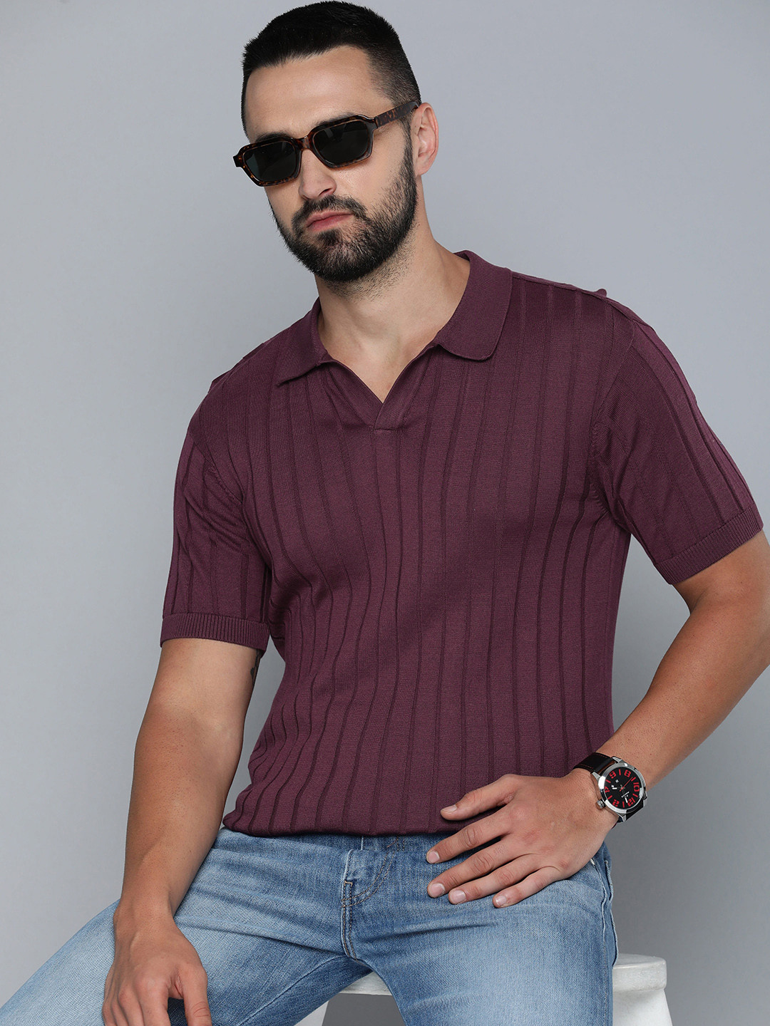 

Levis Pure Cotton Self Striped Polo Collar T-shirt, Purple