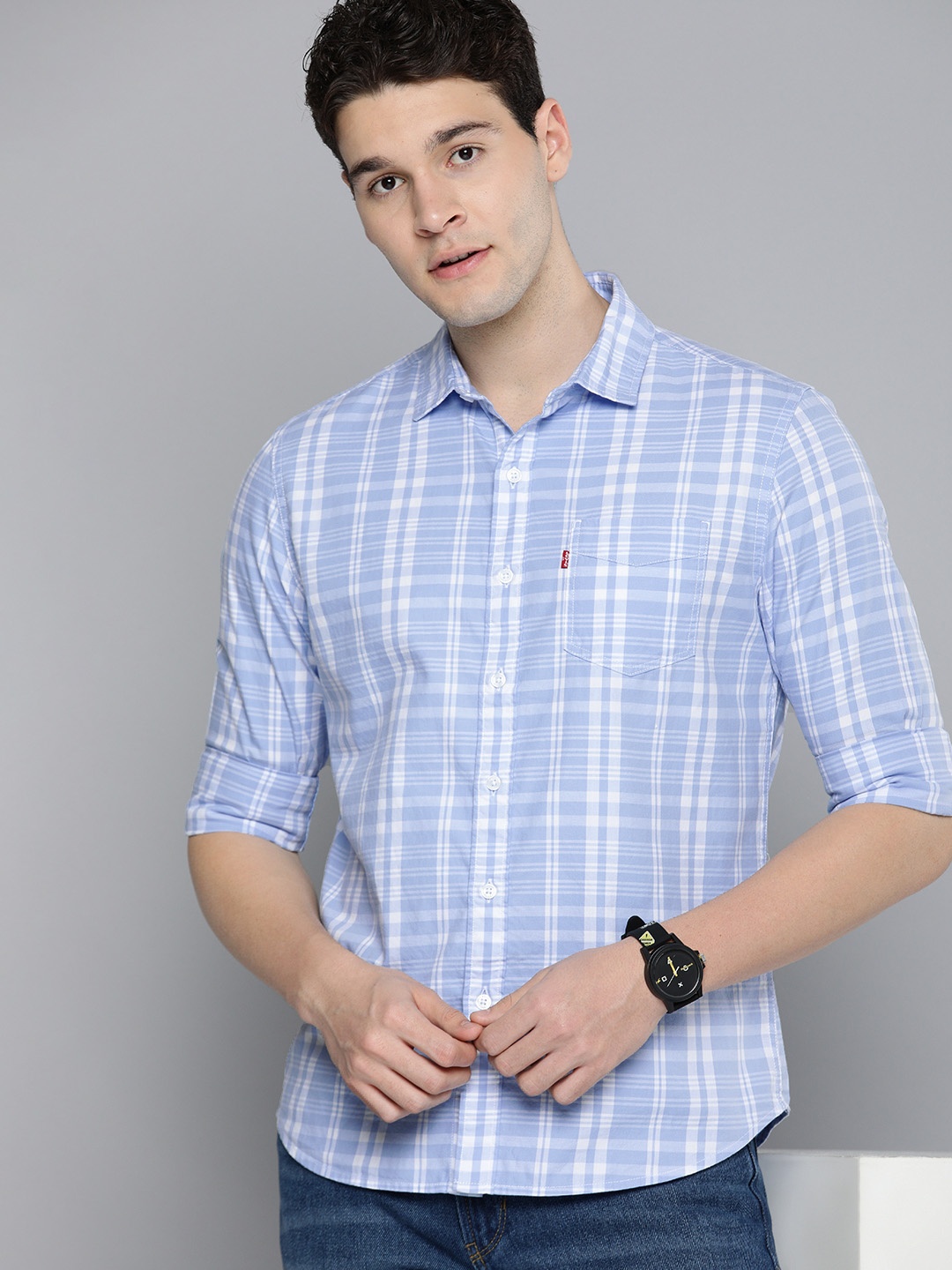 

Levis Pure Cotton Slim Fit Checked Casual Shirt, Blue
