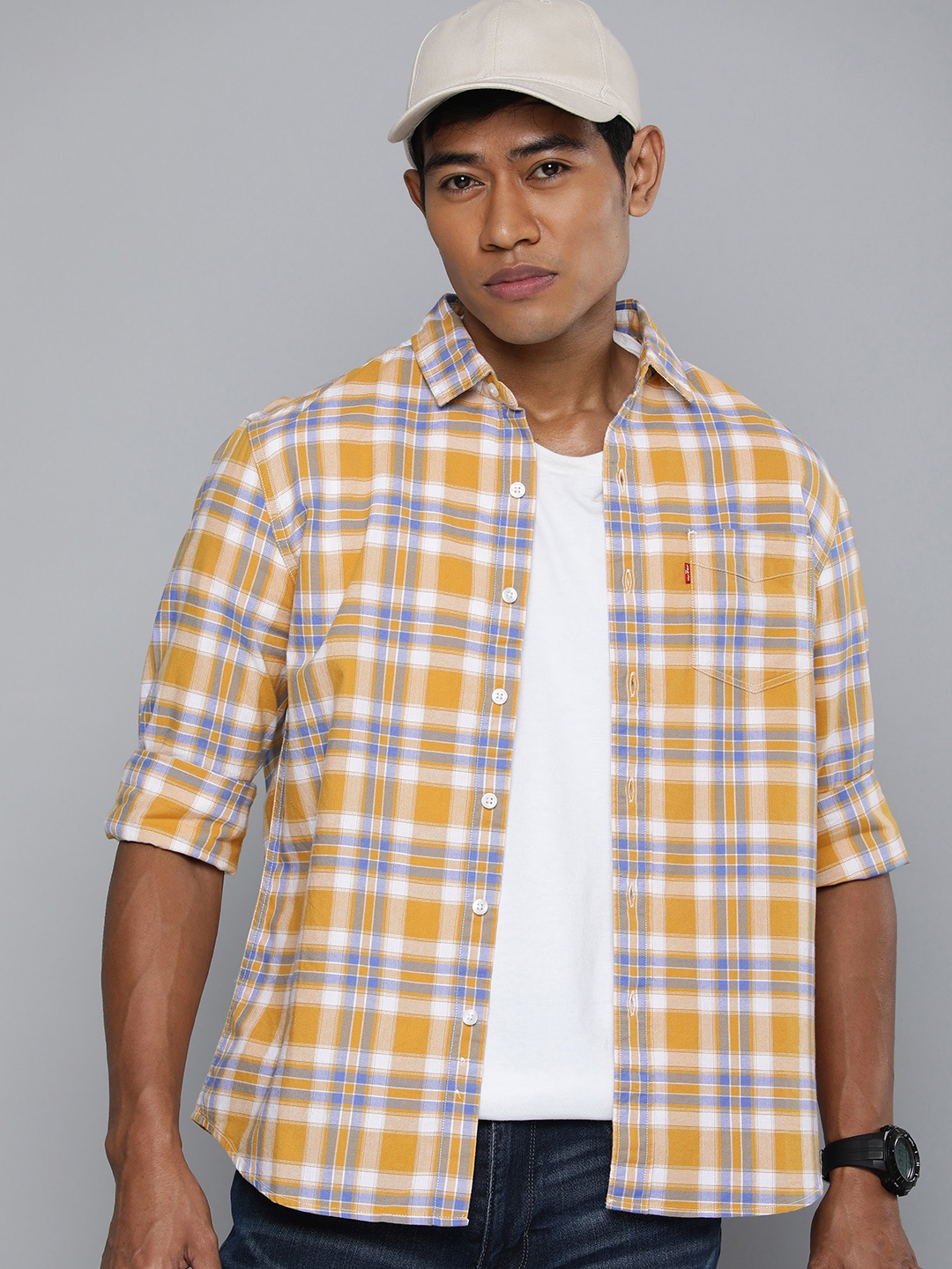 

Levis Pure Cotton Slim Fit Checked Casual Shirt, Yellow