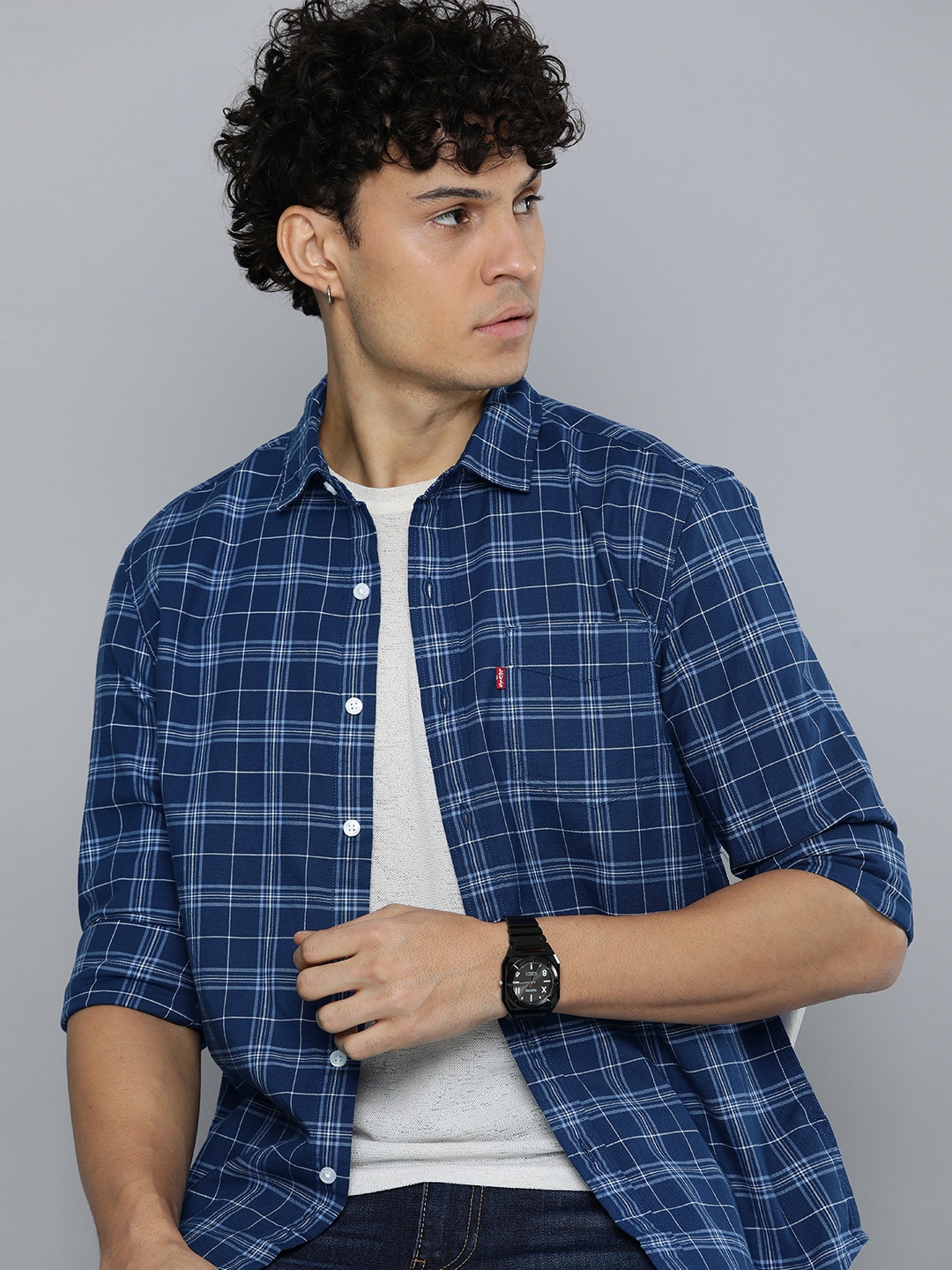 

Levis Pure Cotton Slim Fit Tartan Checked Casual Shirt, Blue