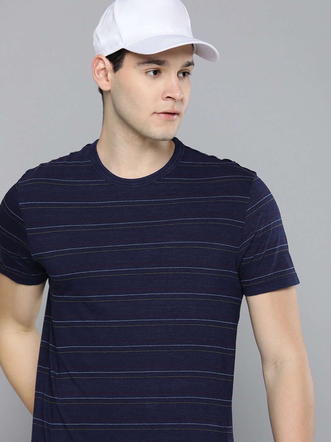 

Levis Men Striped Pure Cotton Slim Fit T-shirt, Navy blue