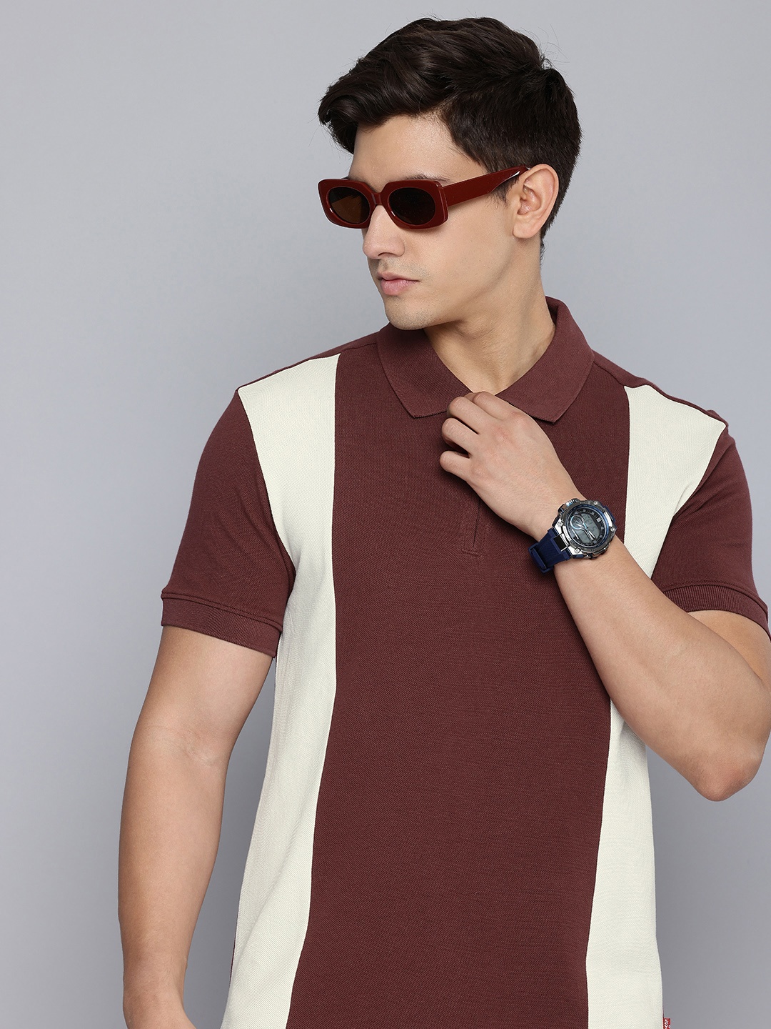 

Levis Colourblocked Polo Collar Pure Cotton Slim Fit T-shirt, Brown