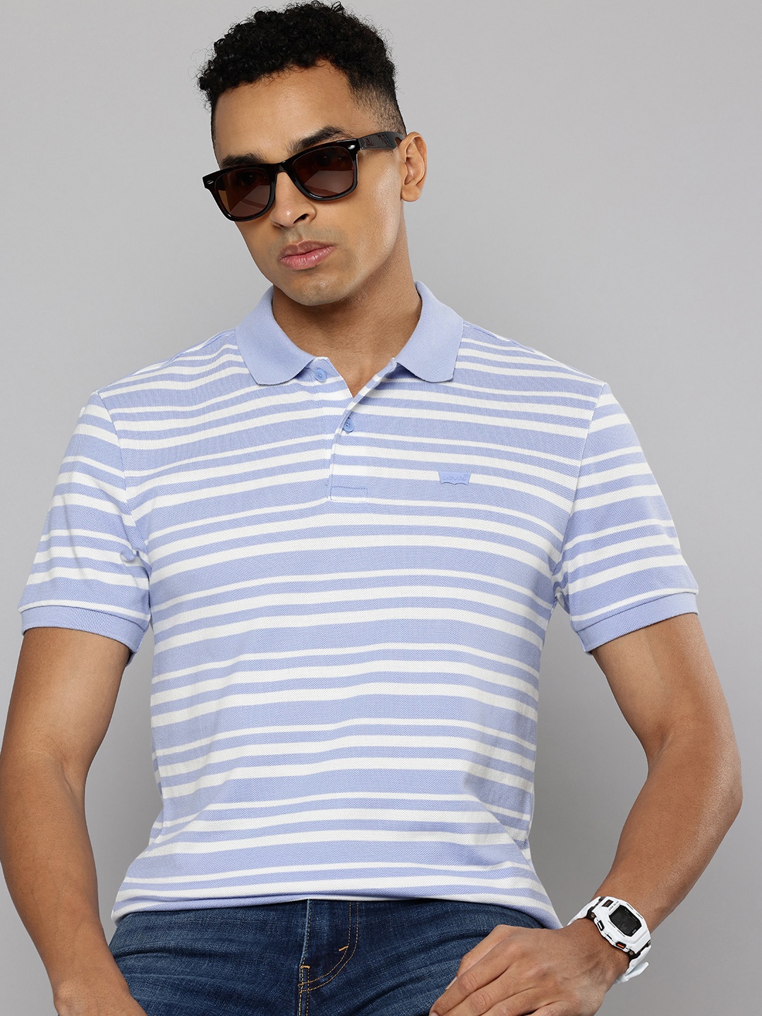 

Levis Pure Cotton Polo Collar Slim Fit Striped T-shirt, Blue