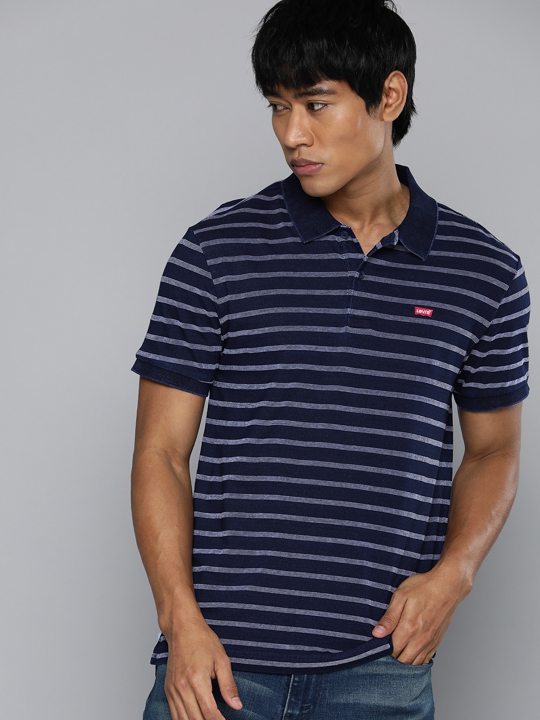 

Levis Pure Cotton Polo Collar Slim Fit Striped T-shirt, Navy blue