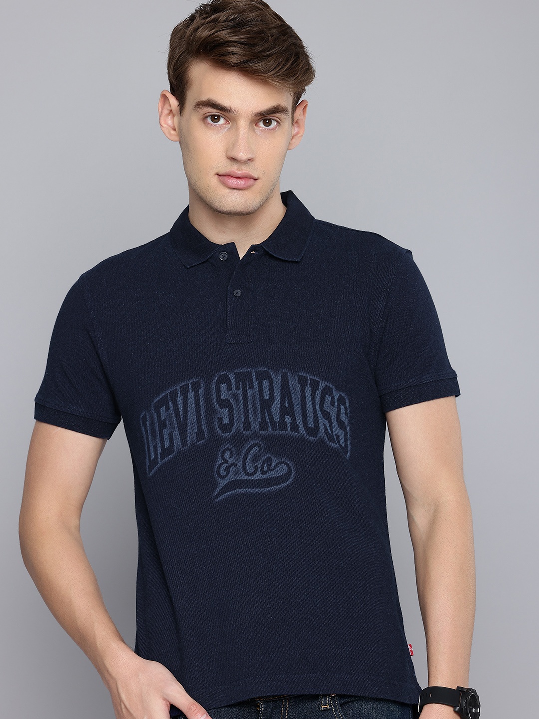 

Levis Pure Cotton Brand Logo Printed Polo Collar Slim Fit T-shirt, Navy blue