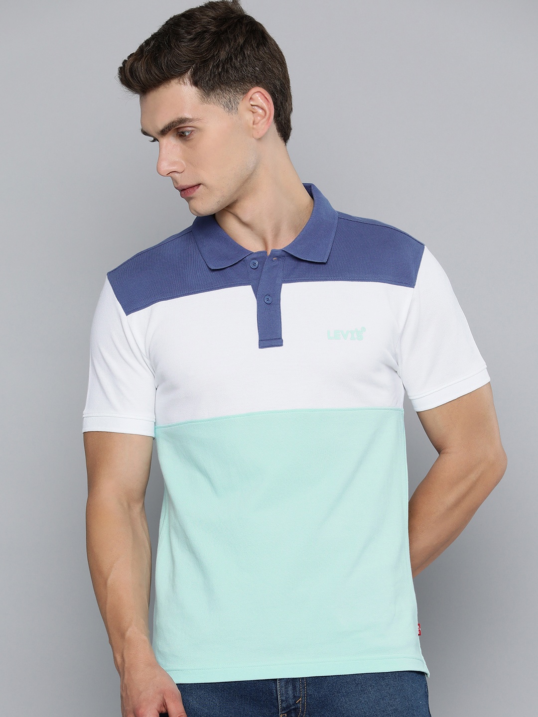 Levis Colourblocked Polo Collar Pure Cotton Slim Fit T-shirt, Sea green