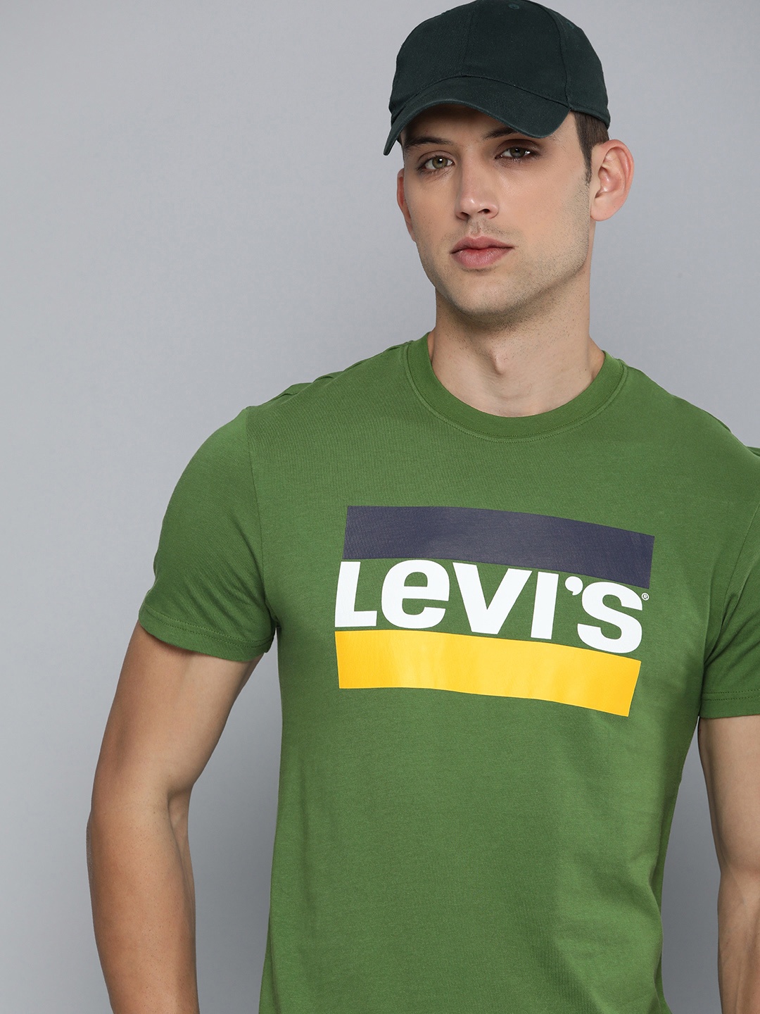 

Levis Men Brand Logo Printed Pure Cotton Slim Fit T-shirt, Olive