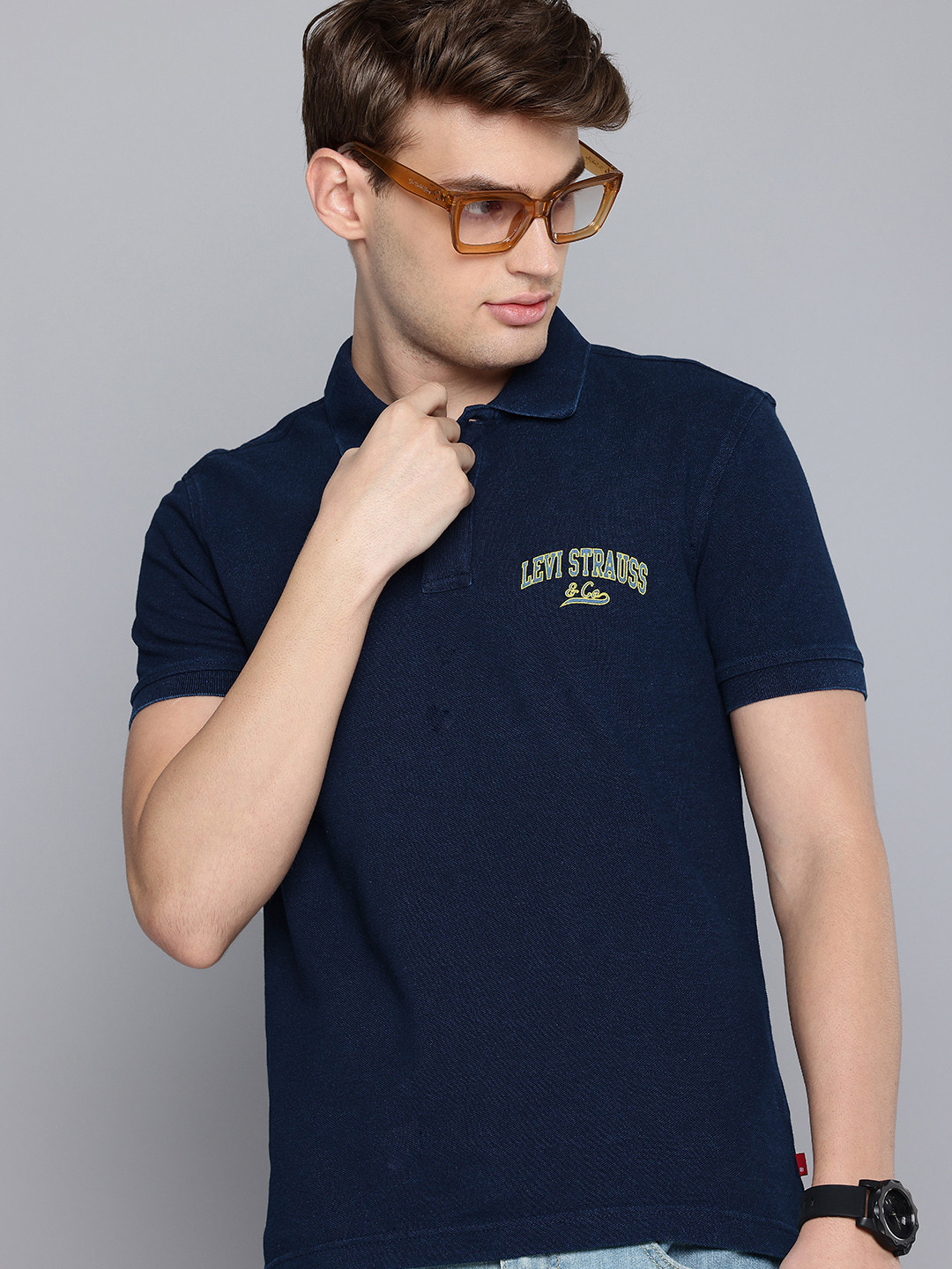 

Levis Brand Logo Printed Polo Collar Pure Cotton Slim Fit T-shirt, Navy blue