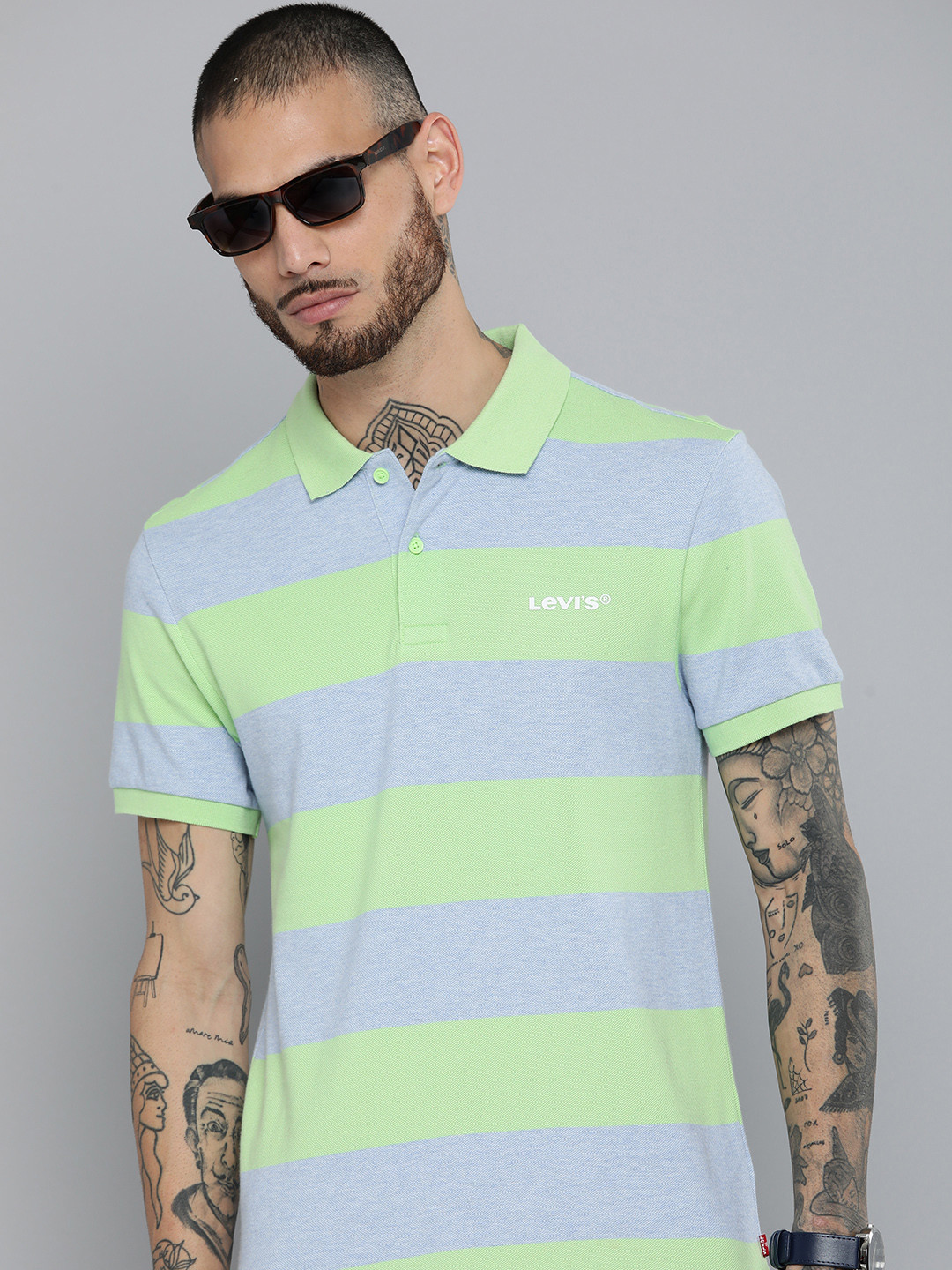 

Levis Striped Polo Collar Pure Cotton Slim Fit T-shirt, Green