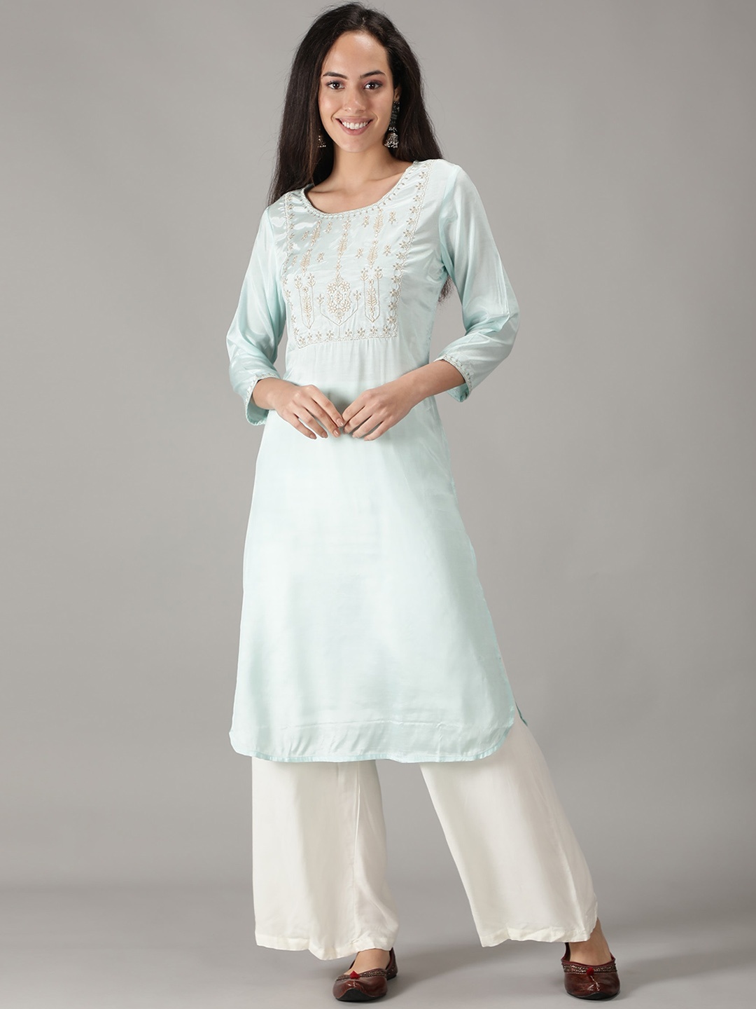 

KASYA Ethnic Motifs Yoke Design Thread Work Straight Kurta, Blue