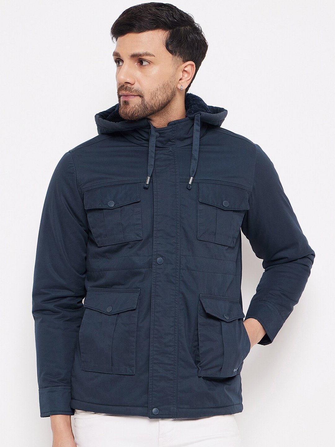 

Okane Hooded Cotton Tailored Jacket, Navy blue
