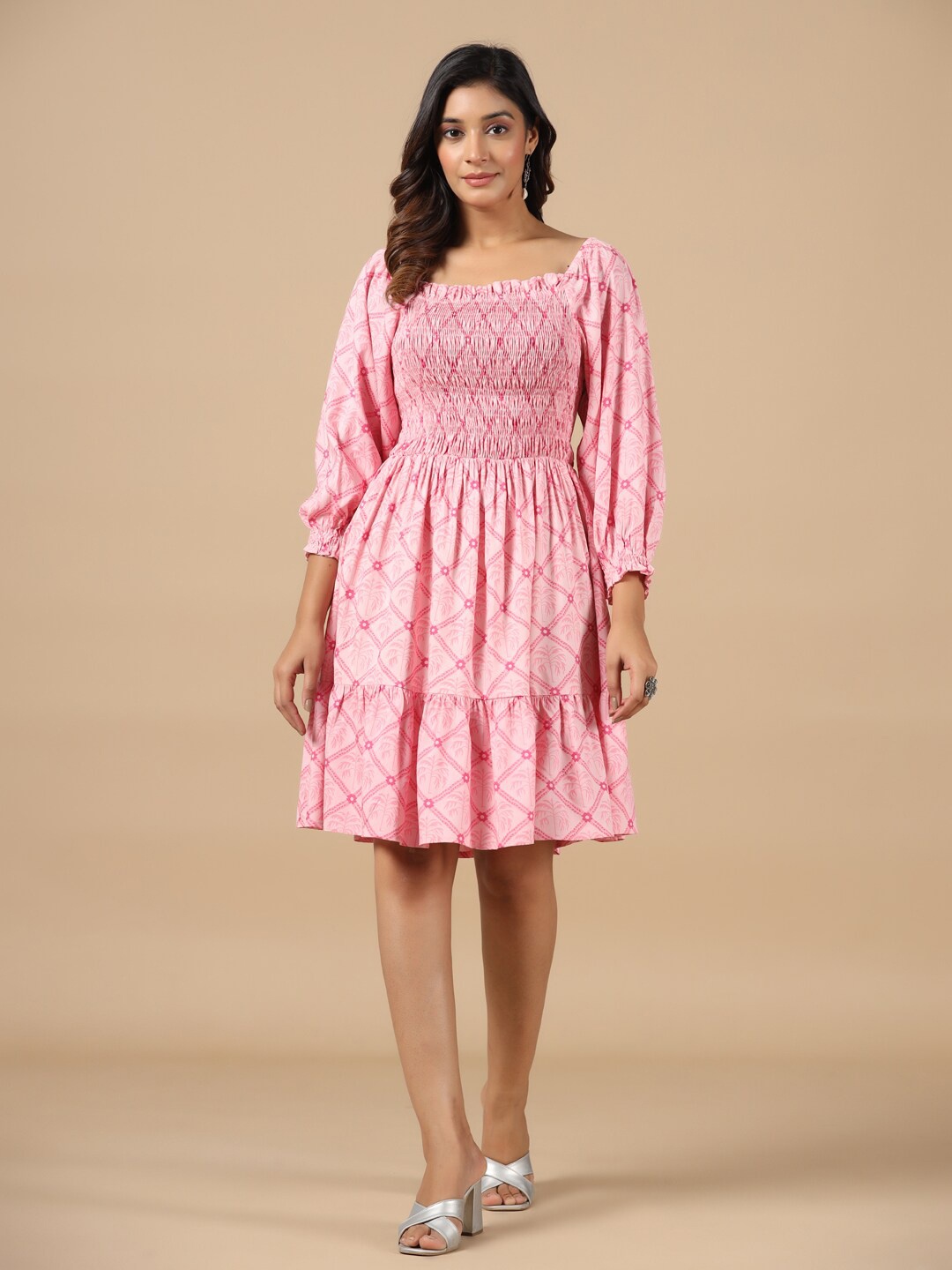 

SAVI Floral Printed Smocked Tiered Fit & Flare Dress, Pink