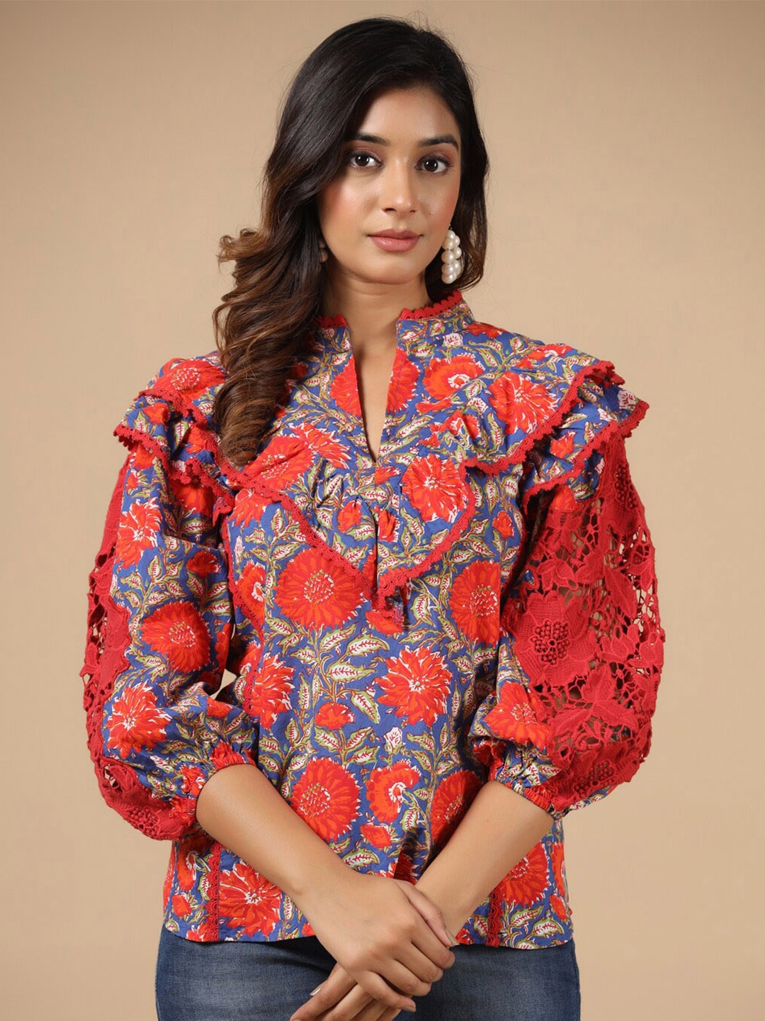 

SAVI Red Floral Printed Mandarin Collar Puff Sleeve Cotton Top