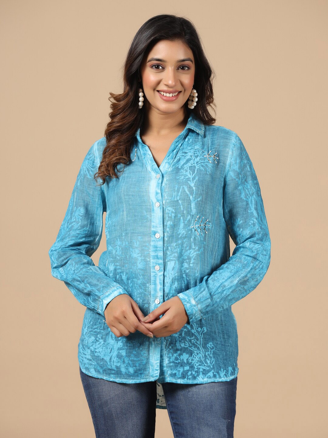 

SAVI Abstract Printed Embellished Relaxed Cotton Shirt Style Top, Blue