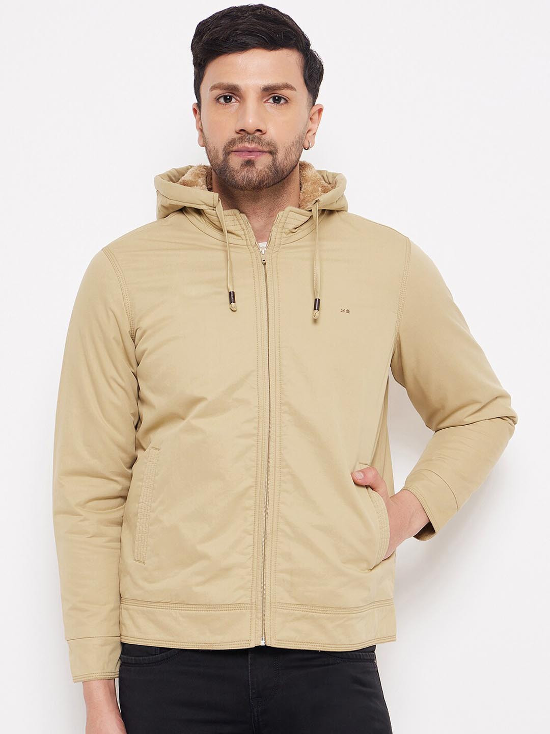 

Okane Hooded Bomber Jacket With Faux Fur Trim, Beige