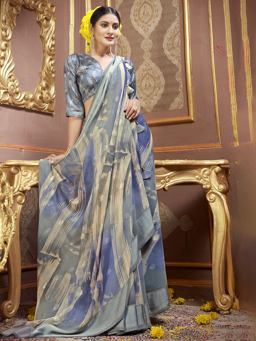 

KALINI Blue Embellished Pure Georgette Designer Saree