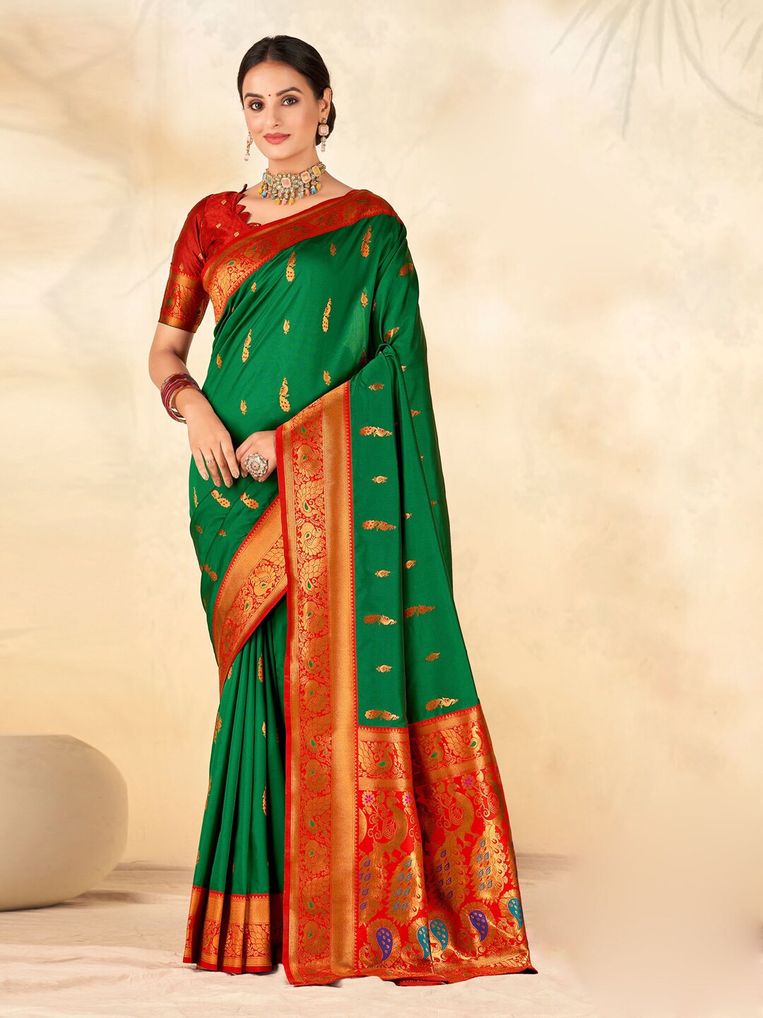 

Mitera Ethnic Motifs Woven Design Zari Detail Saree, Green