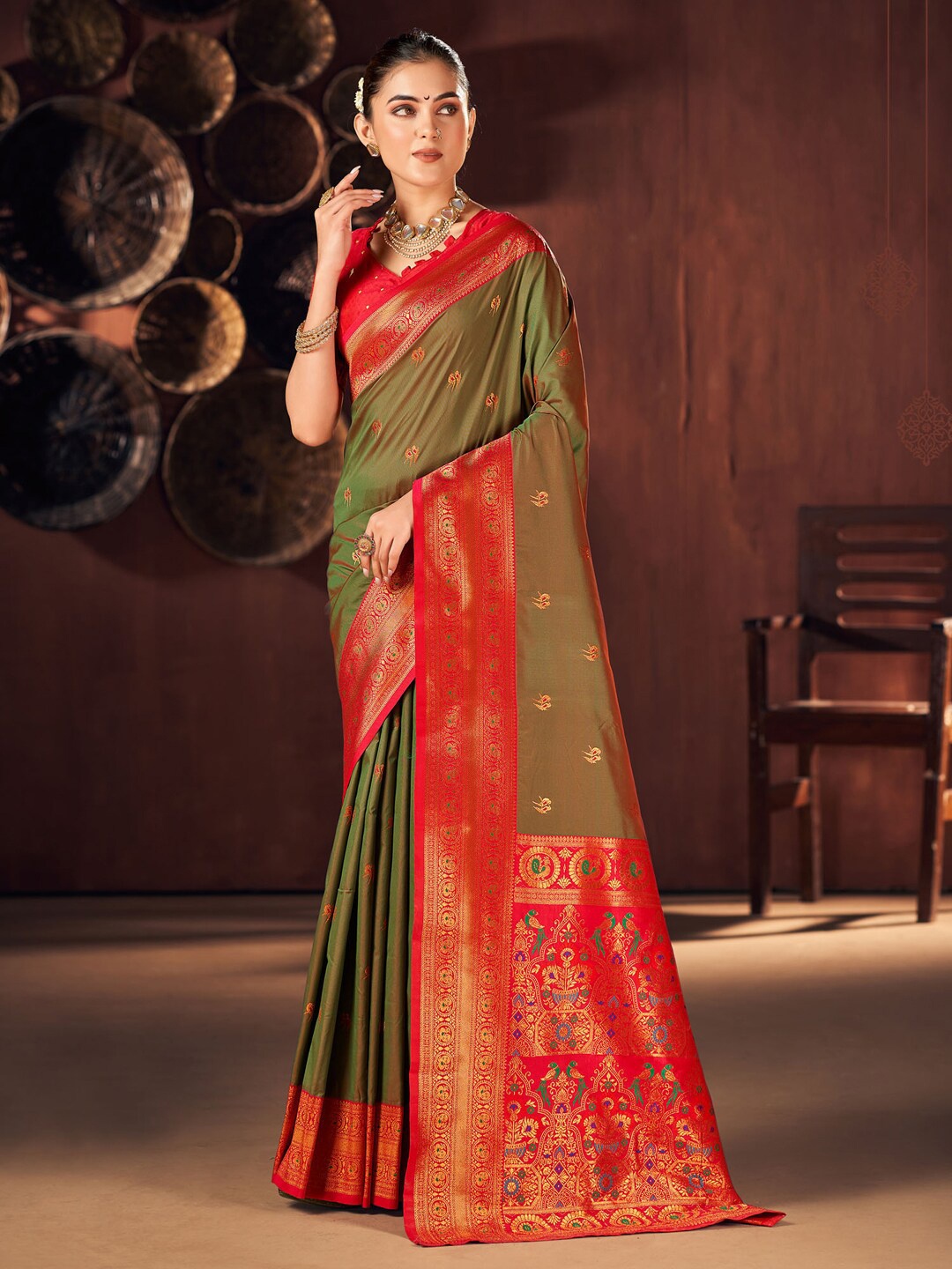

Mitera Woven Design Zari Paithani Saree, Olive