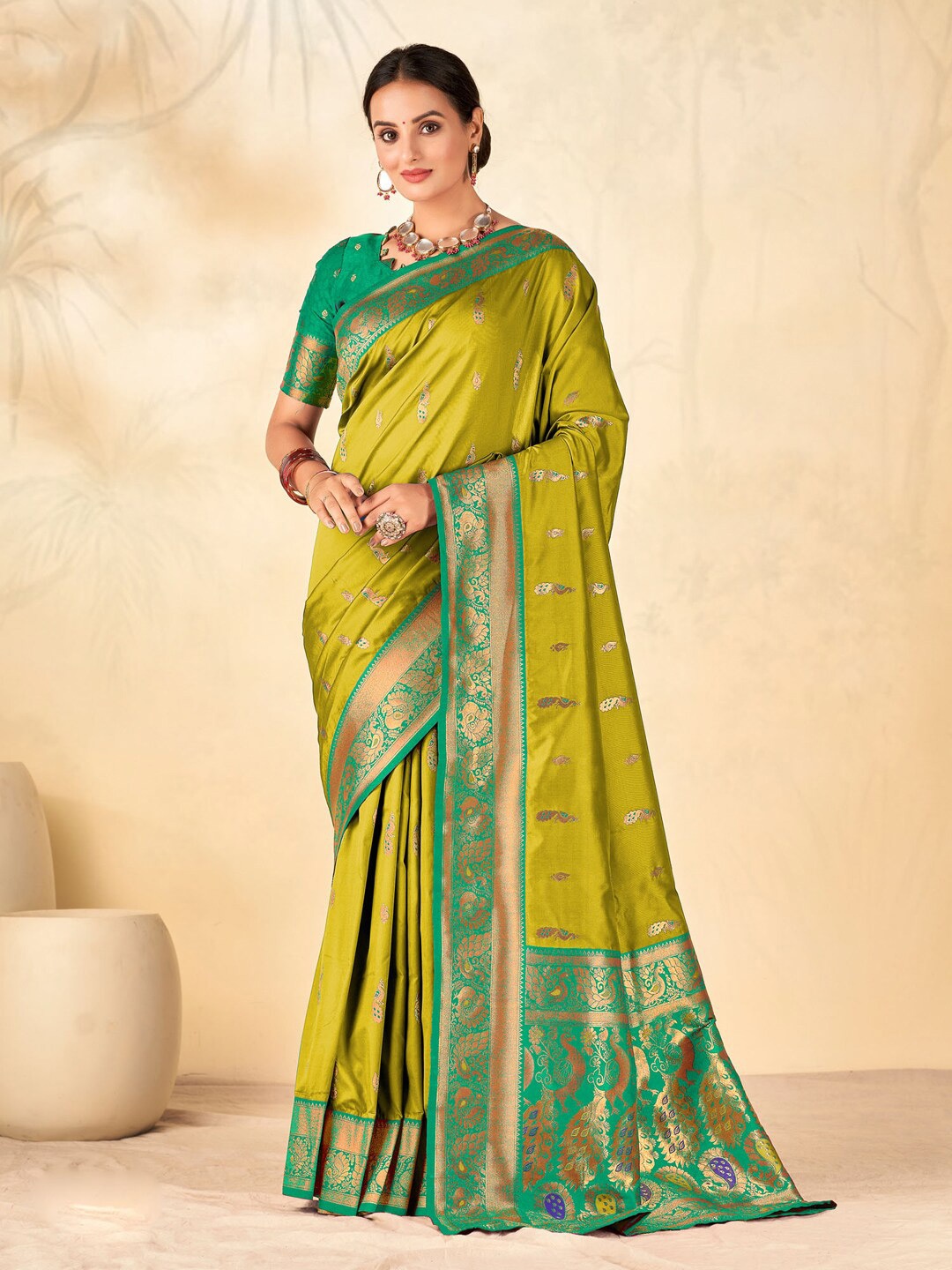 

Mitera Ethnic Motifs Woven Design Zari Detail Saree, Olive