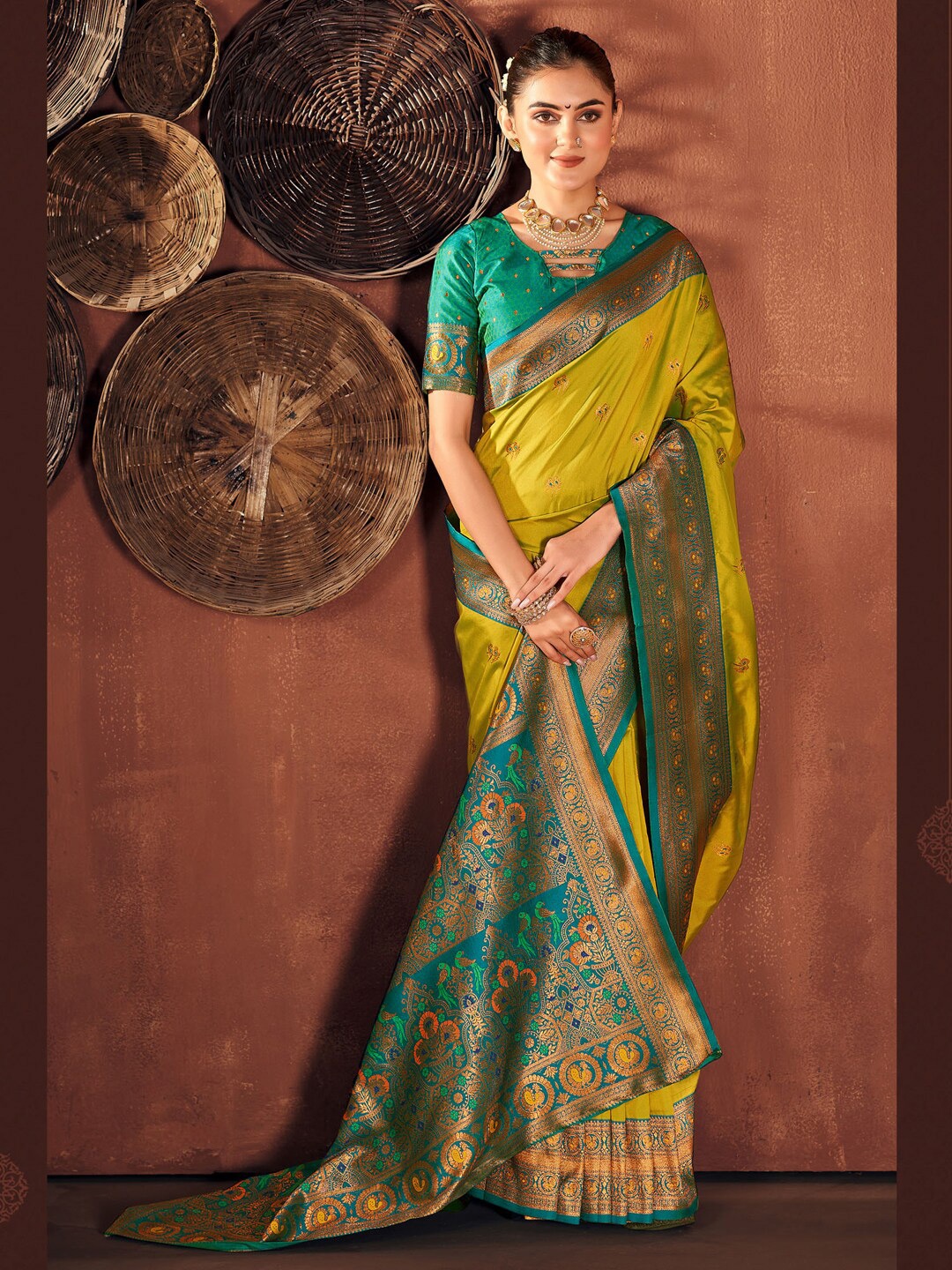 

Mitera Woven Design Zari Paithani Saree, Lime green