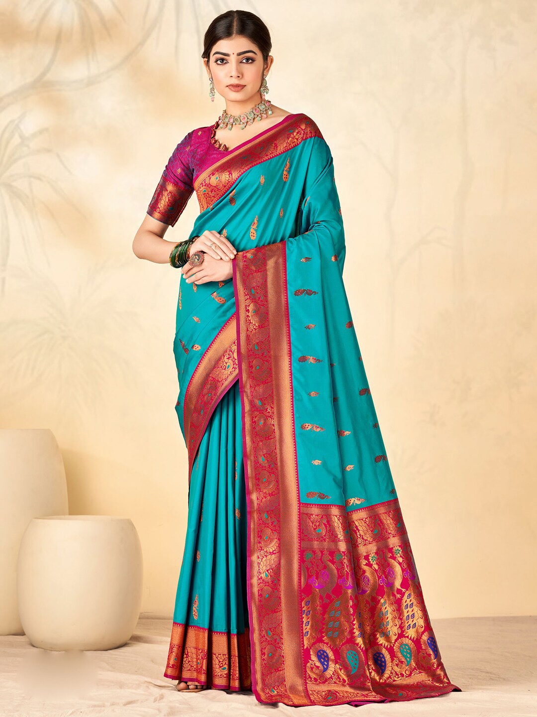 

Mitera Ethnic Motifs Woven Design Zari Detail Saree, Blue
