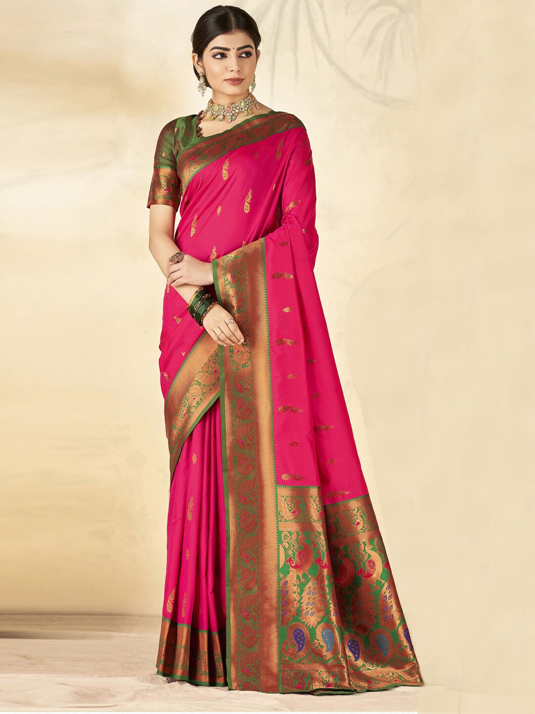 

Mitera Ethnic Motifs Woven Design Zari Detail Saree, Pink