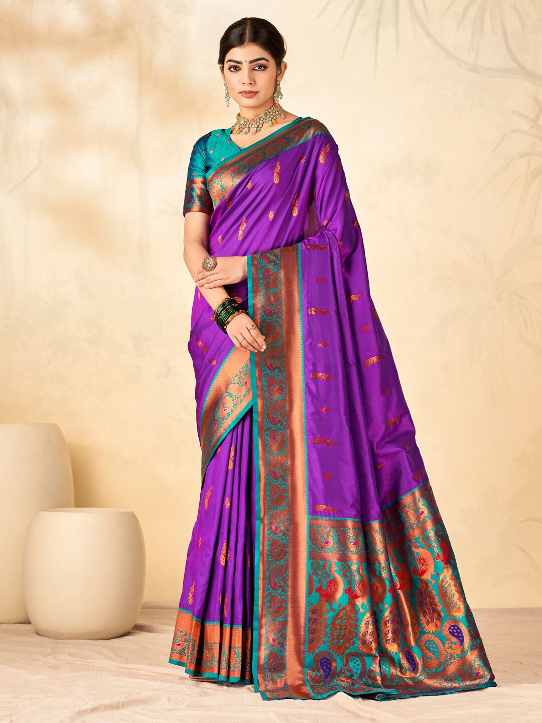 

Mitera Ethnic Motifs Woven Design Zari Detail Saree, Purple