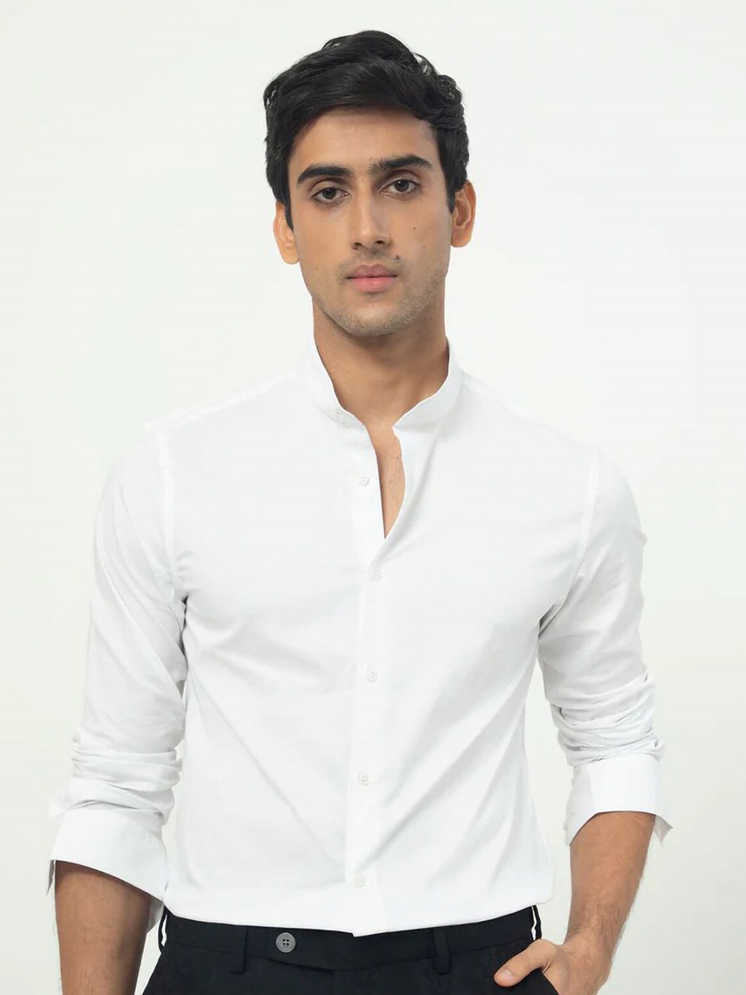 

MISCHIEF MONKEY Band Collar Classic Casual Pure Cotton Shirt, White