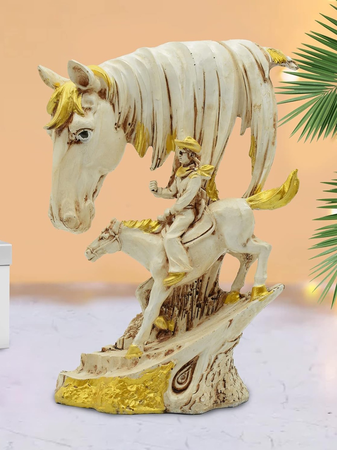 

PujaNPujari White & Gold Toned Horse Statue With Rider Figurine Showpiece