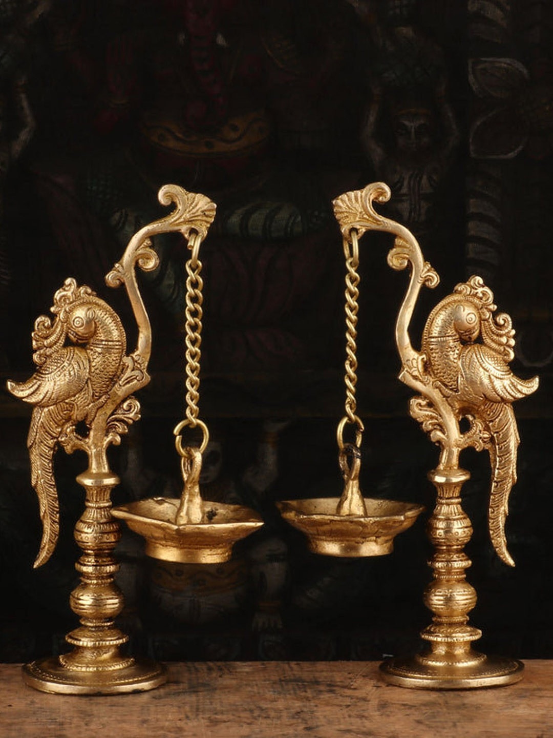 

PujaNPujari Gold Toned & Brown 2 Pieces Standing Peacock Design Hanging Diyas