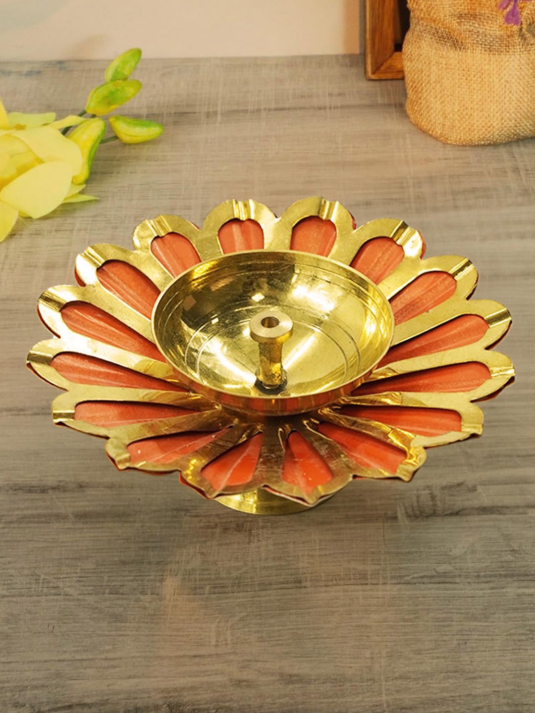 

PujaNPujari Gold Toned & Brown Textured Lotus Brass Diya